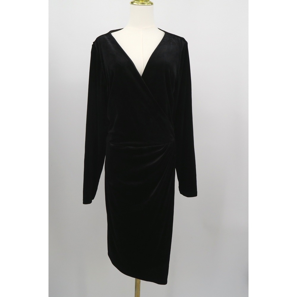 City Chic Womens Black Velvet Faux Wrap Long Sleeve V-Neck Cocktail Dress L 20